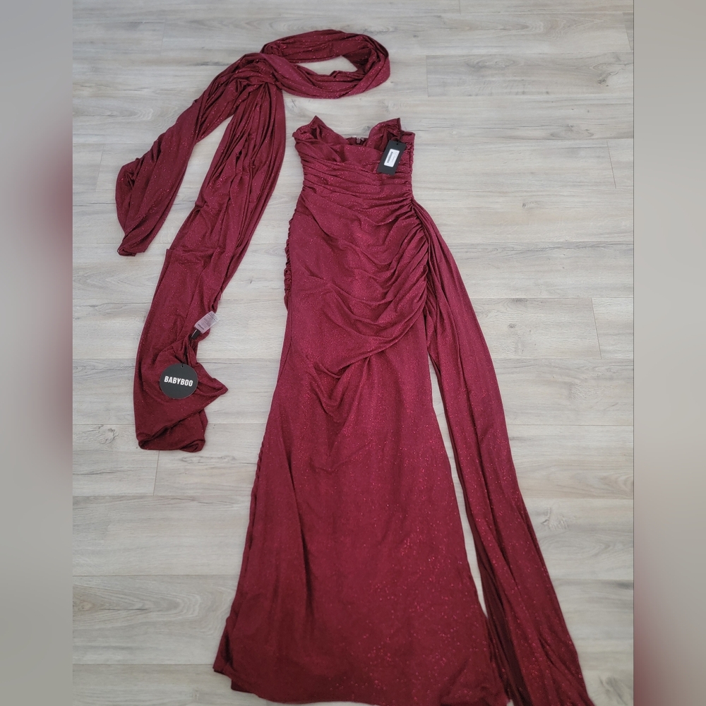 Babyboo Ashika Maxi Dress Wine Sparkle sz Medium with Agnes Shawl Wine Sparkle - Picture 10 of 13